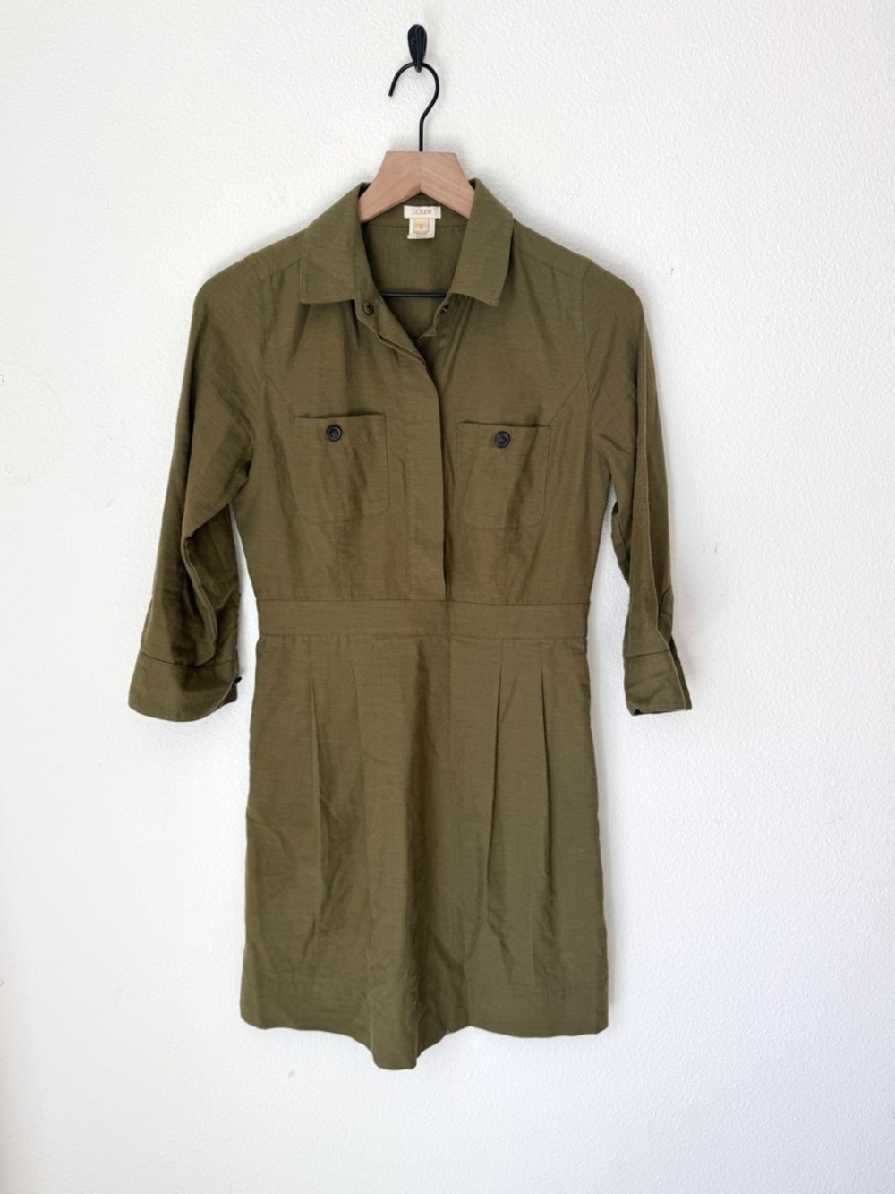 Vintage J. Crew Wool/Cotton Olive Military-Inspired Shirt Dress - Size 2 - EUC